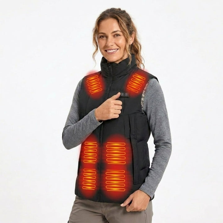 Gilet riscaldato da donna nero con colletto alto, ideale per l'inverno e attività outdoor.