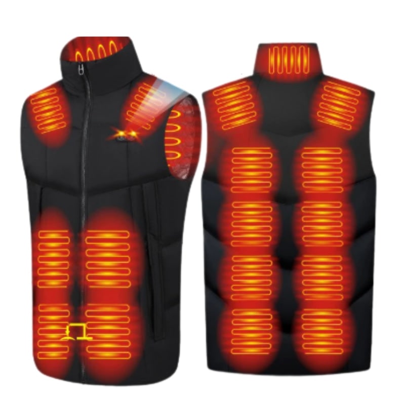 Donna indossa gilet riscaldato invernale con colletto alto, perfetto per strati e moda outdoor.