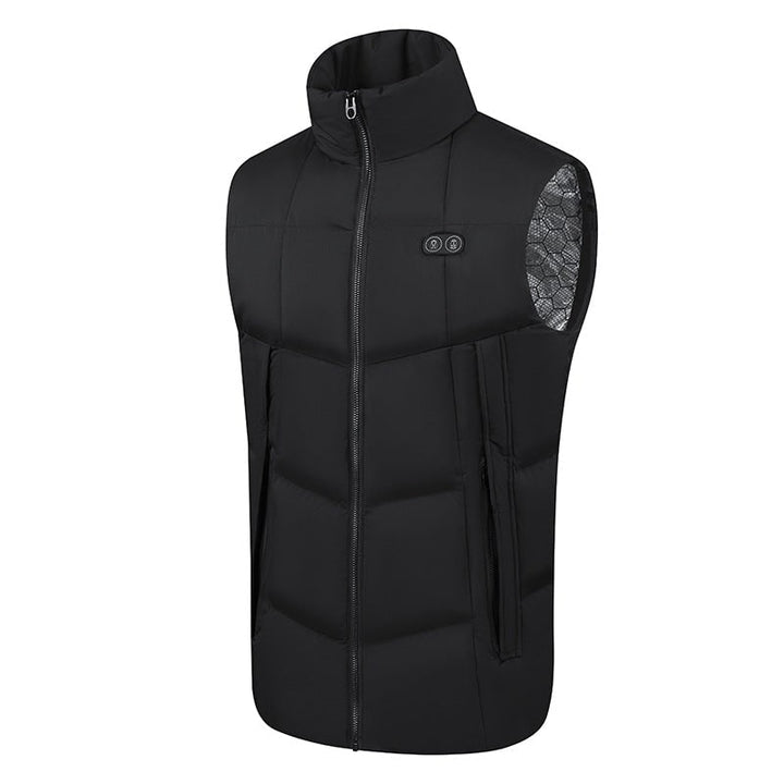 Dettaglio gilet riscaldato donna USB, tessuto resistente per comfort invernale e attività all'aperto.