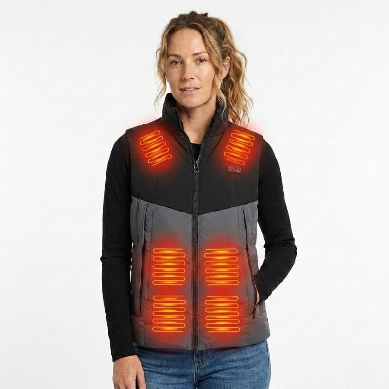 Gilet termico riscaldato da donna ricaricabile USB, design elegante e pratico per il freddo.