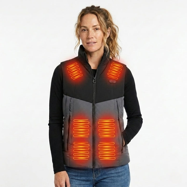 Gilet termico riscaldato da donna ricaricabile USB, design elegante e pratico per il freddo.