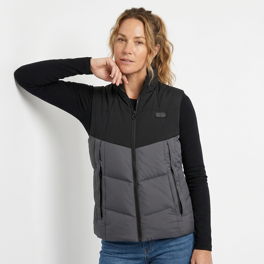 Caldo gilet riscaldato da donna con colletto alto, essenziale per l'inverno e la protezione dal freddo.