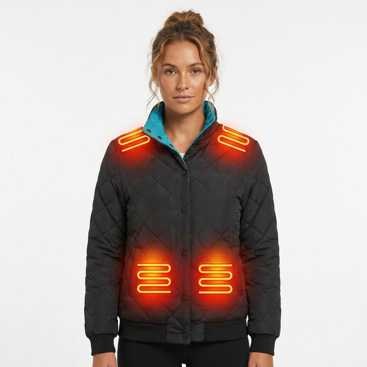 Donna indossa giacca invernale riscaldata trapuntata con collo alto, perfetta per outdoor e freddo invernale.