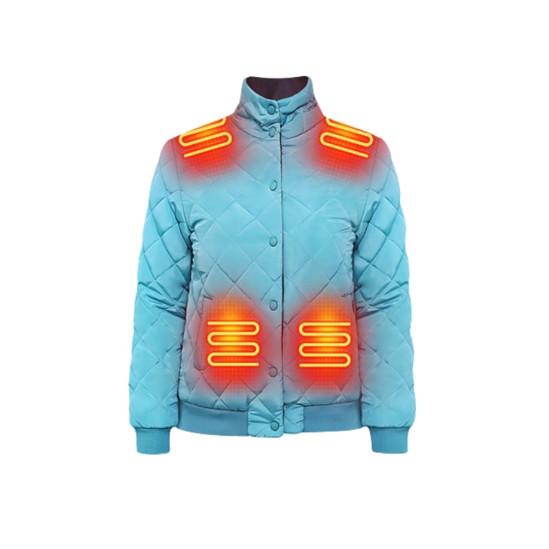 Giacca riscaldata donna con cerniera frontale e collo alto, trapuntata per comfort e calore nel freddo inverno.