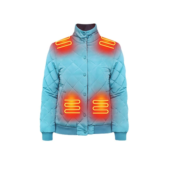 Giacca riscaldata donna con cerniera frontale e collo alto, trapuntata per comfort e calore nel freddo inverno.