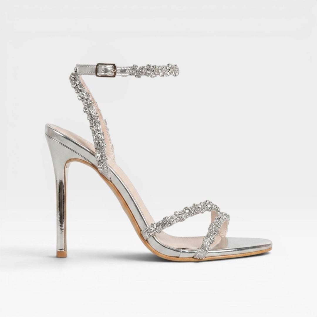 Sandali donna con tacco a stiletto nero, luminosi strass, punta aperta. Ideali per serate eleganti.