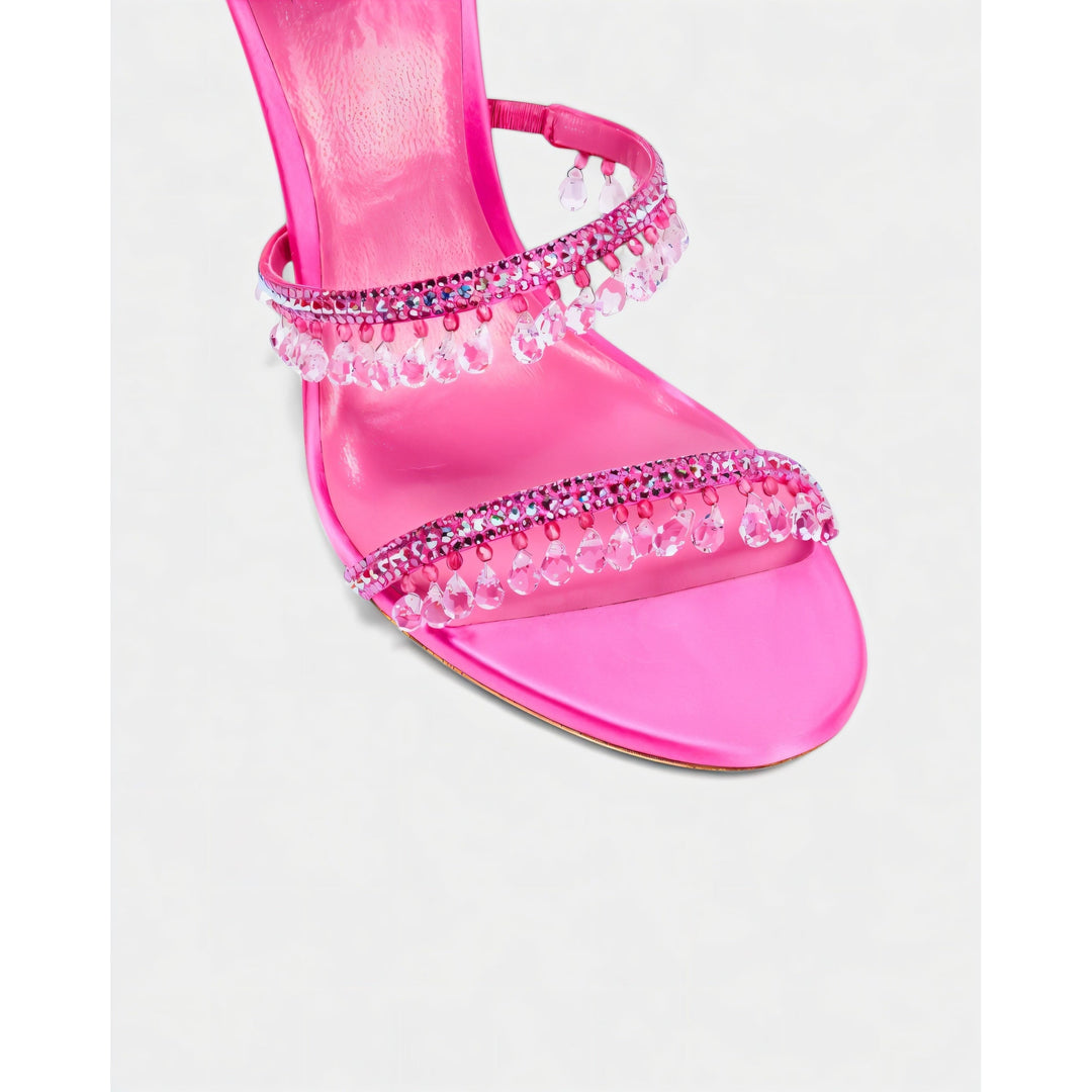 Scarpe eleganti da donna, tacchi alti stiletto con nappe brillanti e cinturino caviglia.