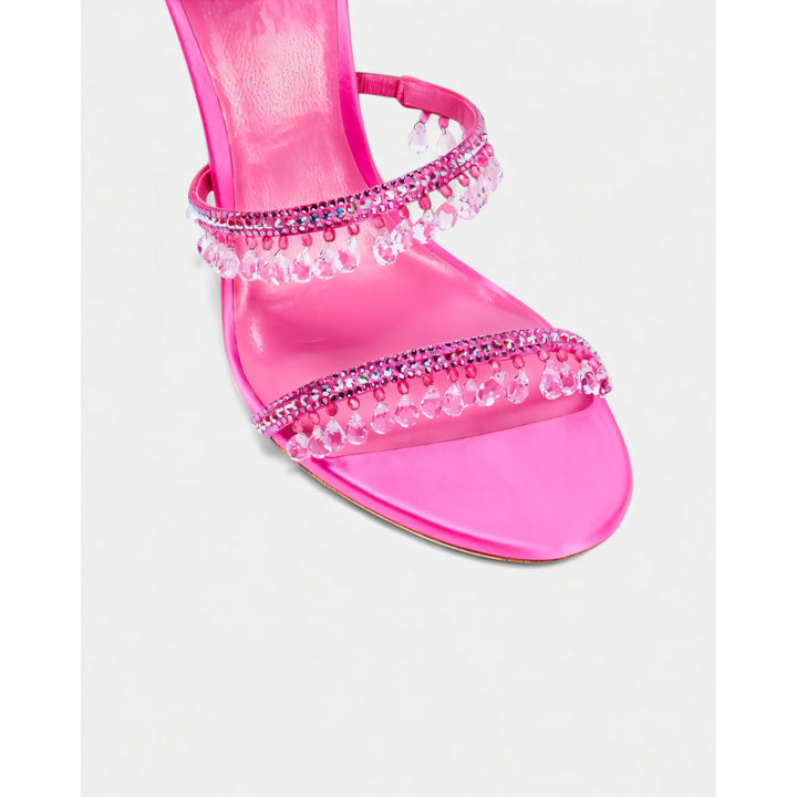 Scarpe eleganti da donna, tacchi alti stiletto con nappe brillanti e cinturino caviglia.
