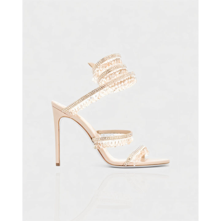 Stiletto donna per eventi, con nappe brillanti e fascia elegante alla caviglia.