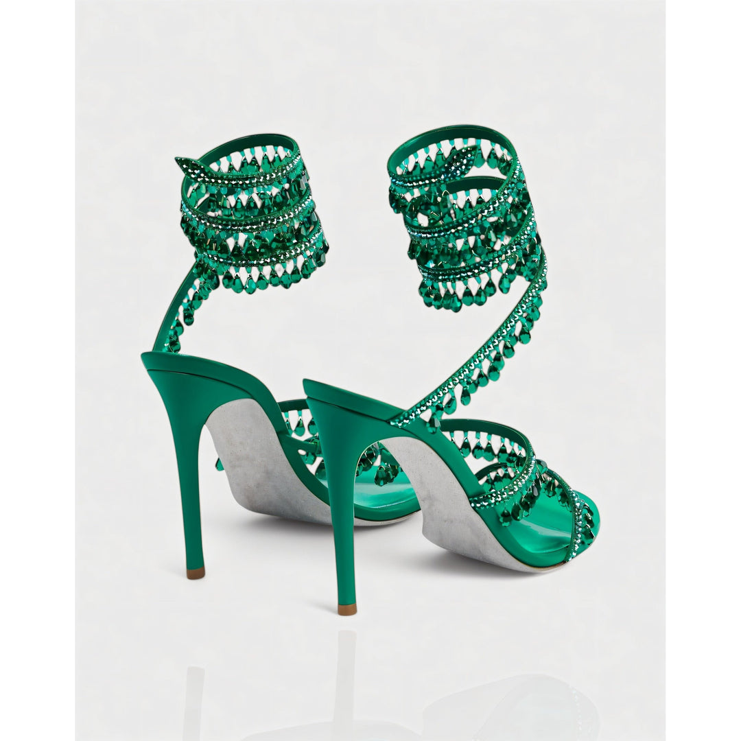 Scarpe da festa stiletto donna, tacco alto, con brillanti nappe e fascia alla caviglia.