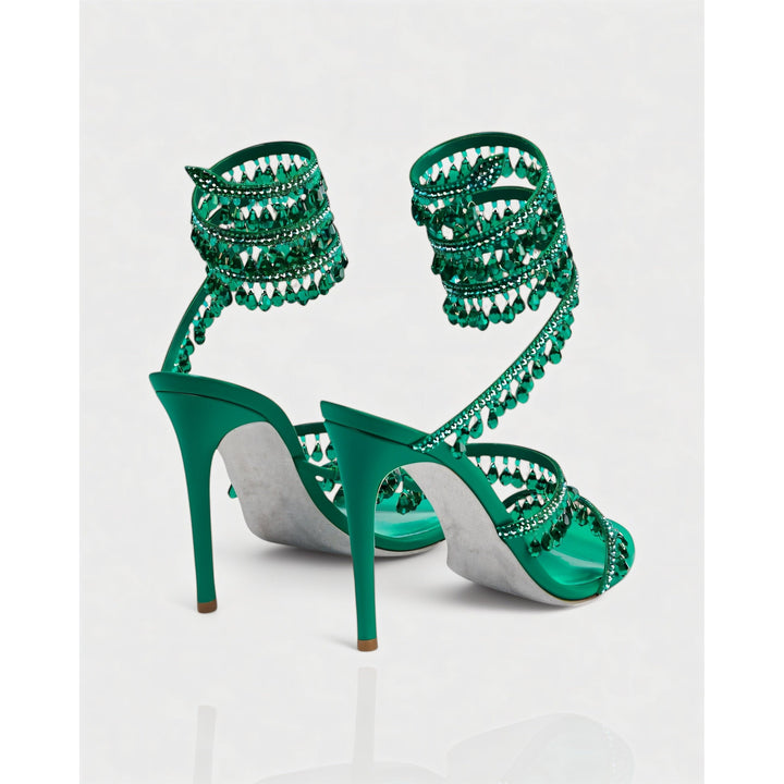 Scarpe da festa stiletto donna, tacco alto, con brillanti nappe e fascia alla caviglia.