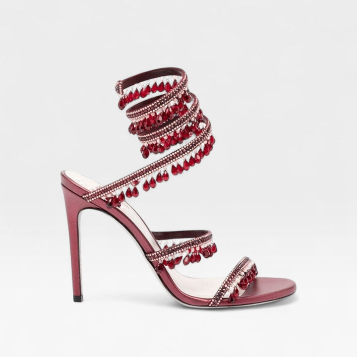 Tacchi alti donna per matrimonio e occasioni speciali, con cristalli e cinturino a spirale.