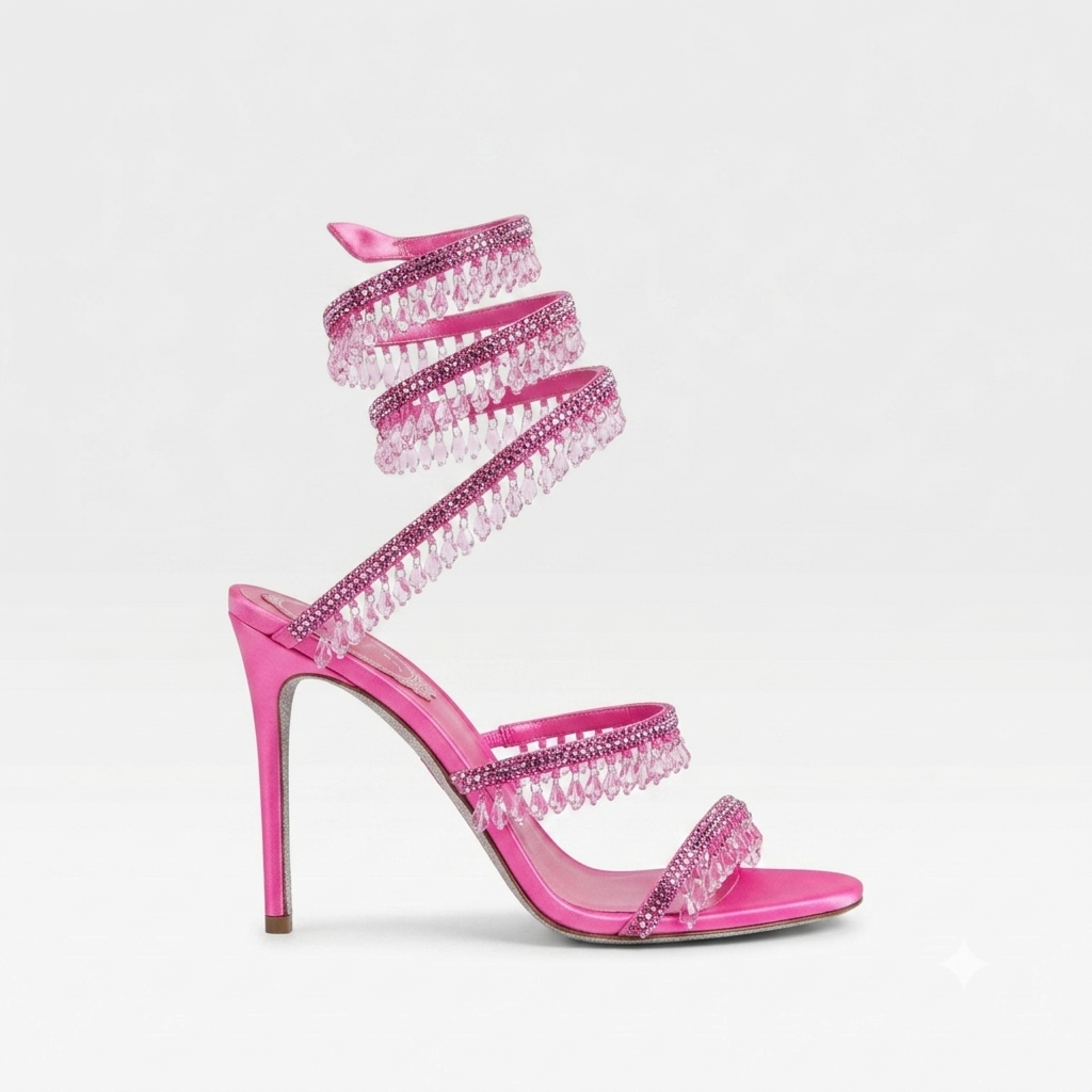 Scarpe donna eleganti per occasioni speciali, con cristalli, tacco alto e cinturino a spirale.