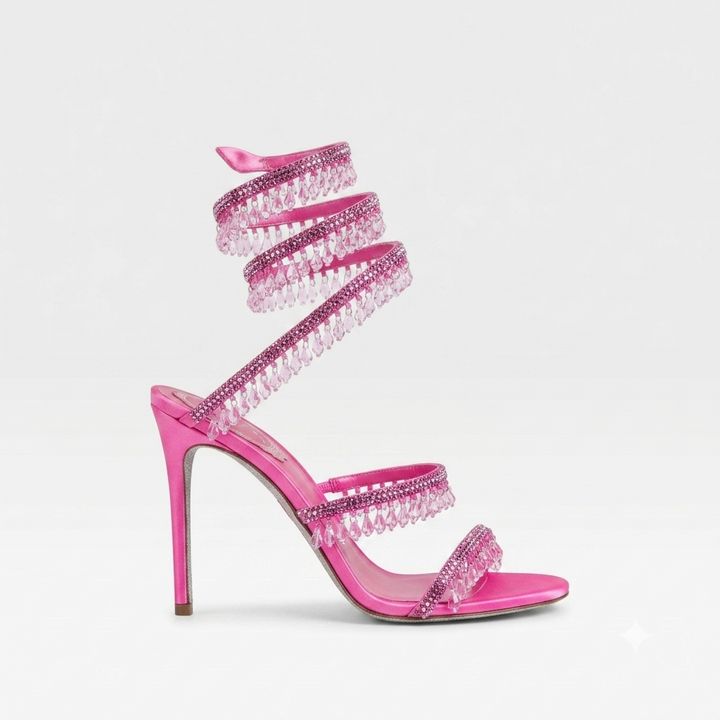 Scarpe donna eleganti per occasioni speciali, con cristalli, tacco alto e cinturino a spirale.