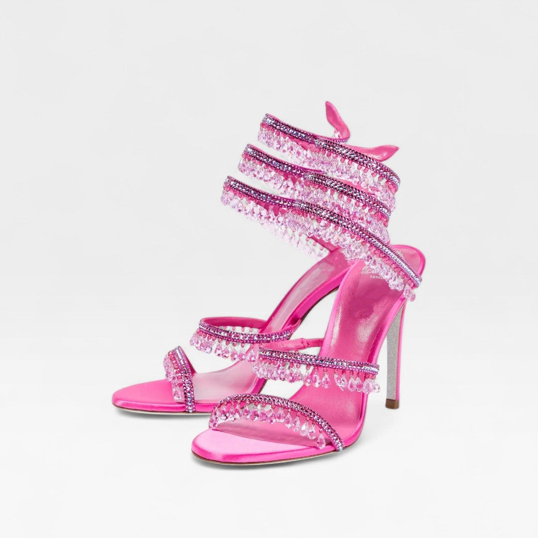 Tacchi donna glamour con cristalli, cinturino a spirale e tacco a stiletto per un'eleganza da star.