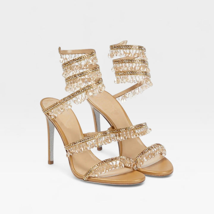 Scarpe donna glamour con tacco a stiletto, cinturino a spirale scintillante e cristalli. Perfette per feste.