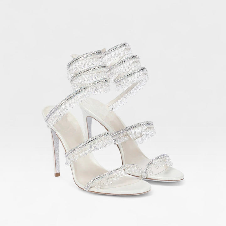 Tacchi alti donna con cinturino a spirale di cristallo e tacco a stiletto, ideali per eventi eleganti.