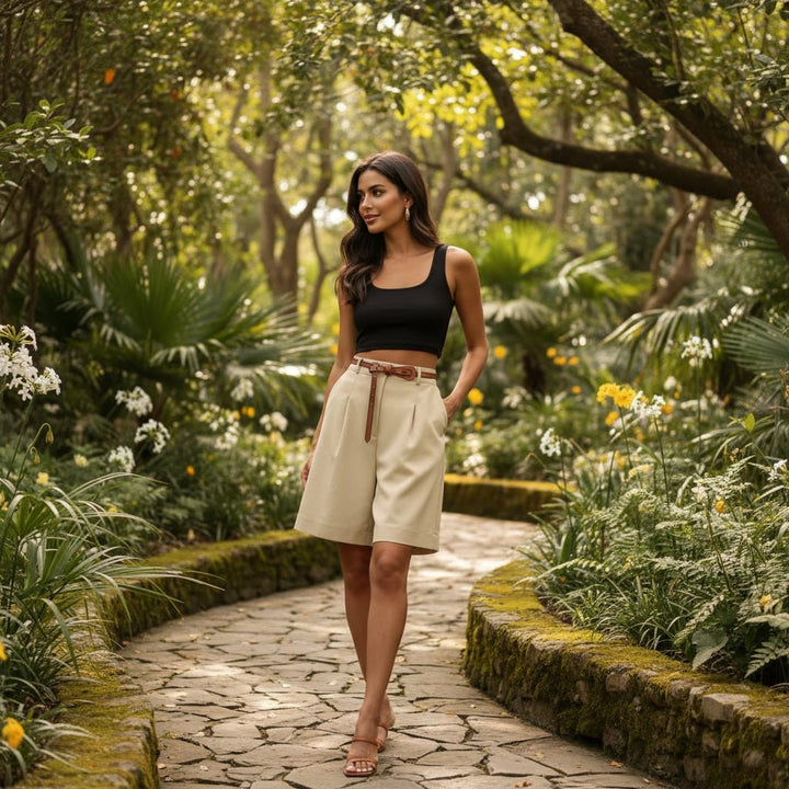 Bermuda donna a vita alta pieghettati, gamba larga. Stile elegante o casual, perfetti per moda estiva.