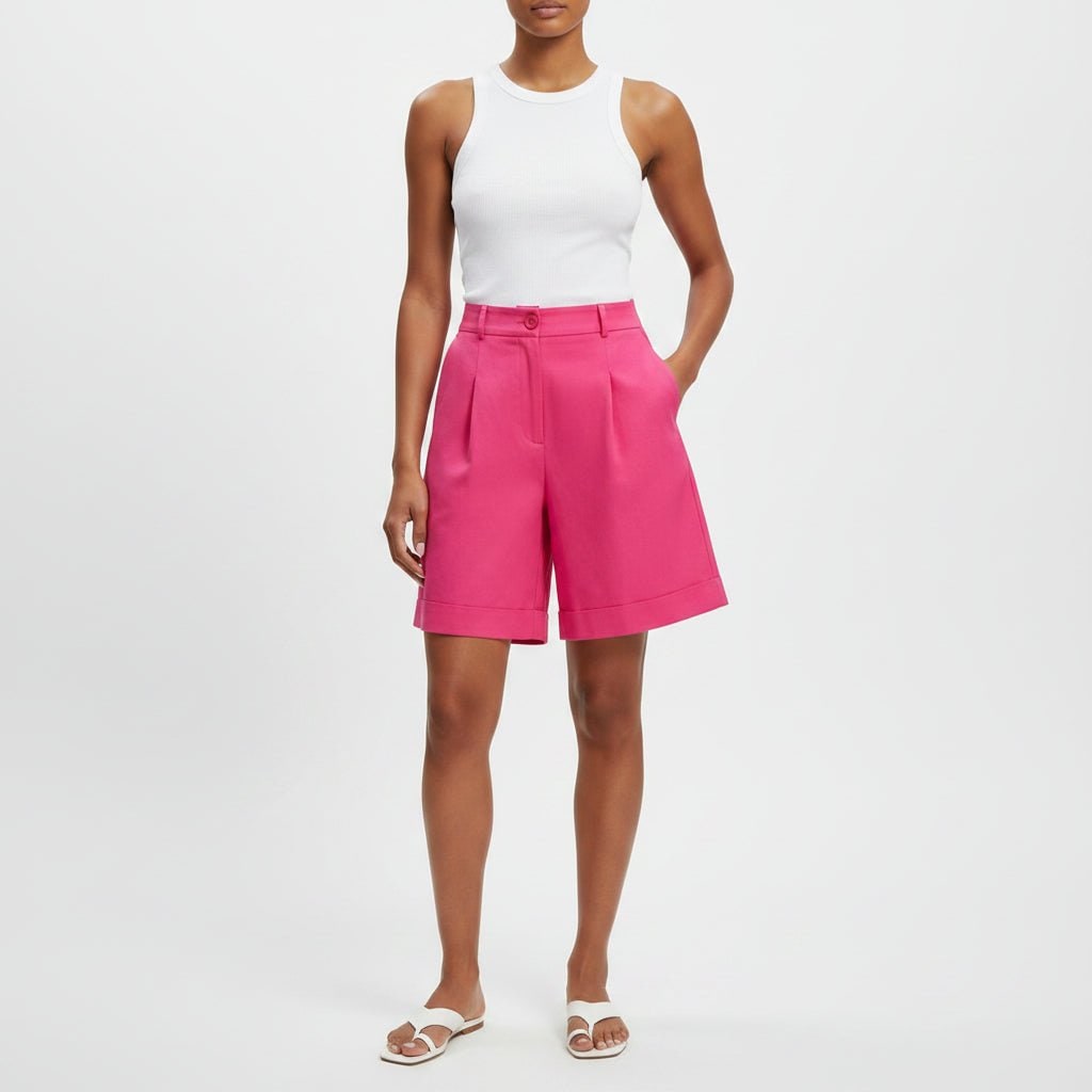 Bermuda donna casual chic, vita alta, gamba larga pieghettata. Pantaloncini comodi e di tendenza estiva.