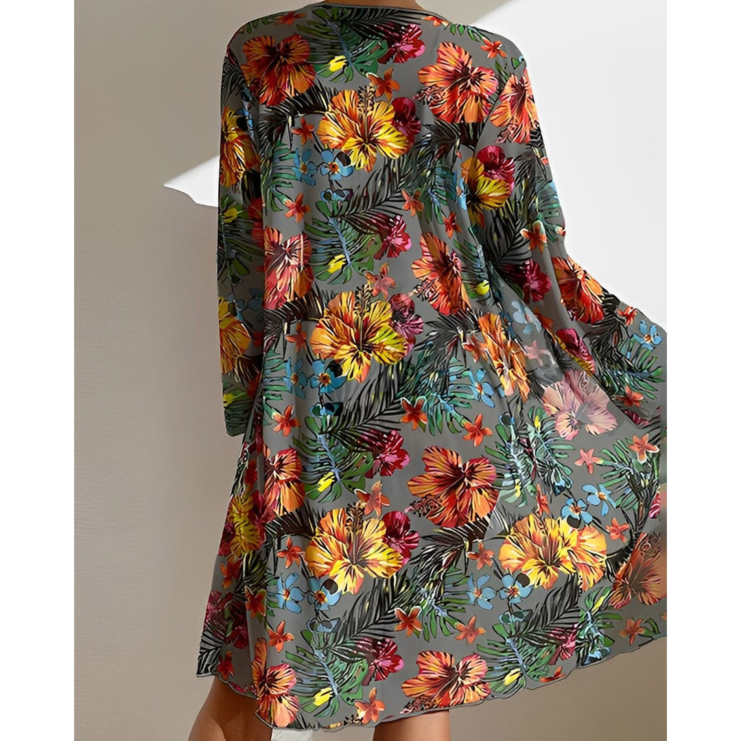 Costume da bagno donna 3 pezzi: bikini vita alta e top con copricostume kimono floreale tropicale per spiaggia.