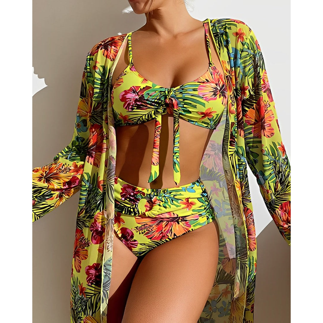 Bikini donna vita alta e top con kimono. Set 3 pezzi da spiaggia e piscina, ideale per l'estate e il tempo libero.