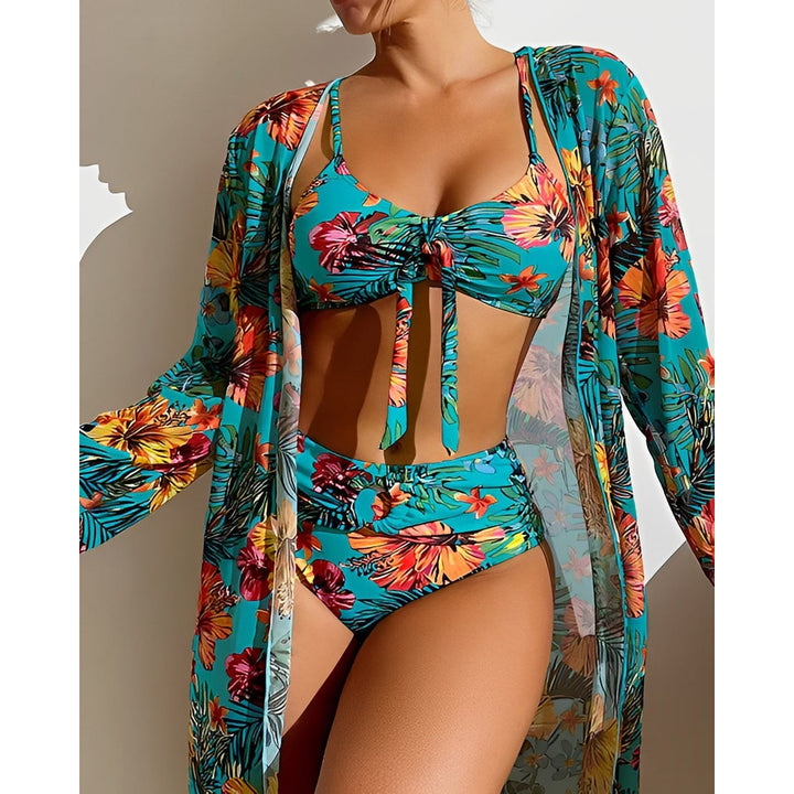 Moda mare donna: set costume da bagno 3 pezzi con bikini vita alta e kimono elegante. Ideale per vacanze estive.