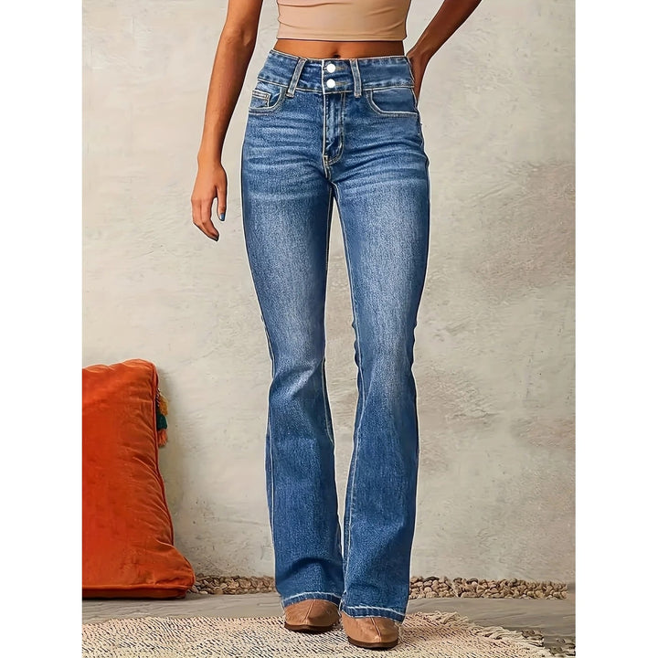 Jeans svasati a vita alta da donna con doppio bottone, stile casual alla moda.