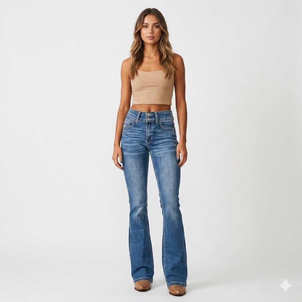 Pantaloni jeans svasati da donna a vita alta, dettagli doppio bottone, comodi e di tendenza.
