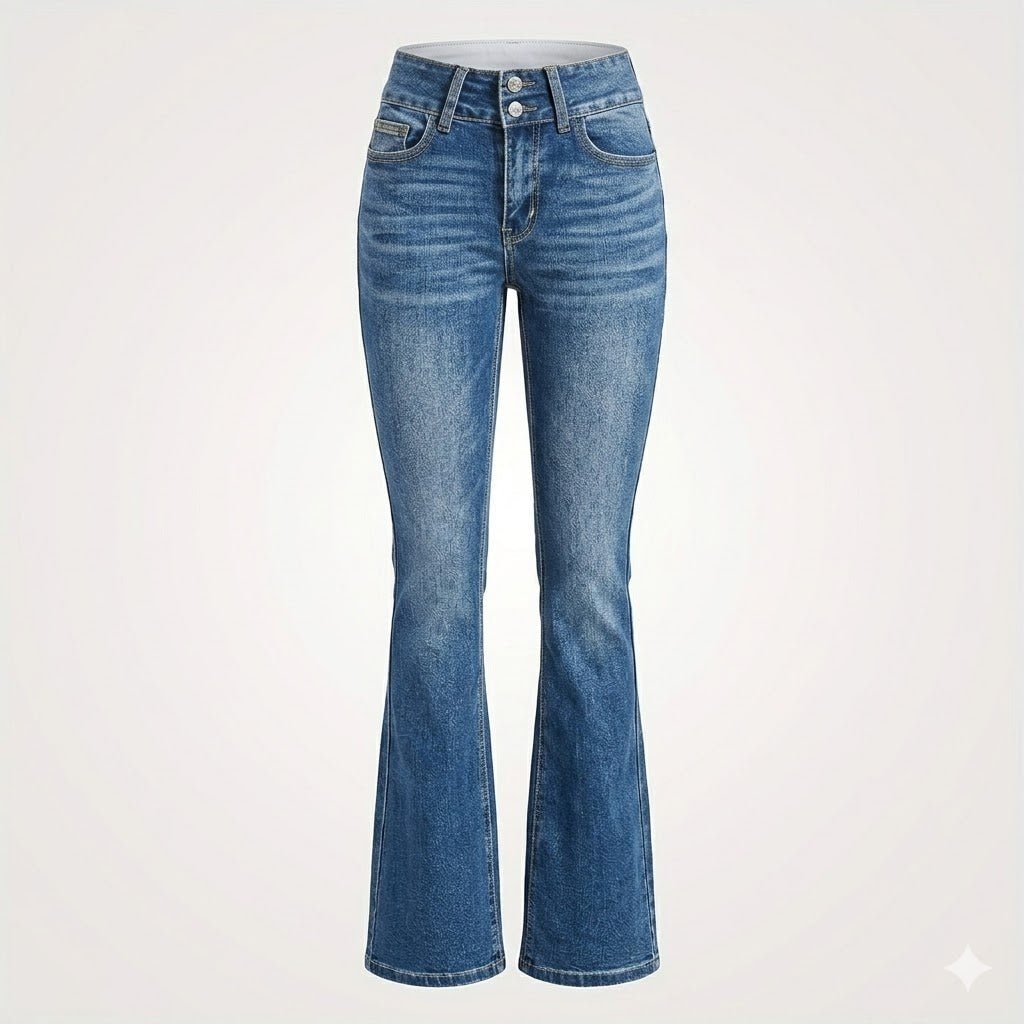 Jeans femminili svasati vita alta con doppio bottone, perfetti per un look elegante o casual.