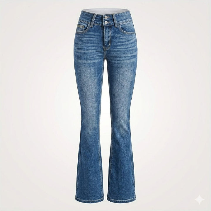 Jeans femminili svasati vita alta con doppio bottone, perfetti per un look elegante o casual.