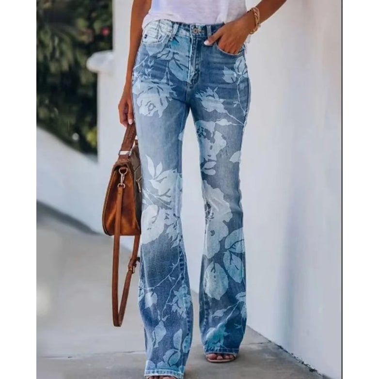 Jeans svasati donna vita alta con fantasia botanica, per un look casual chic di tendenza.