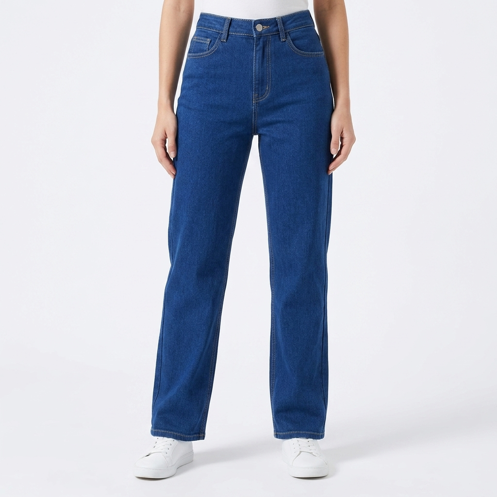 Pantaloni jeans donna vita alta con gamba dritta per stile quotidiano. Comodi e versatili, con dettagli bottoni.
