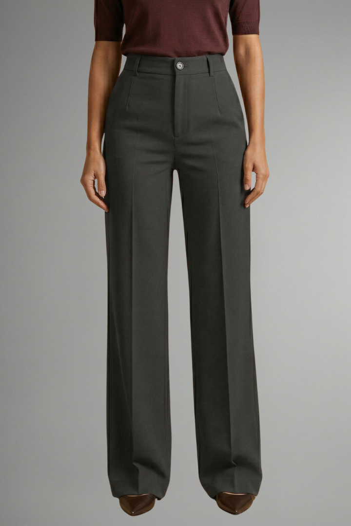 Pantaloni donna versatili vita alta, gamba larga. Eleganti con bottoni, perfetti per ufficio, casual o look moda autunnale.