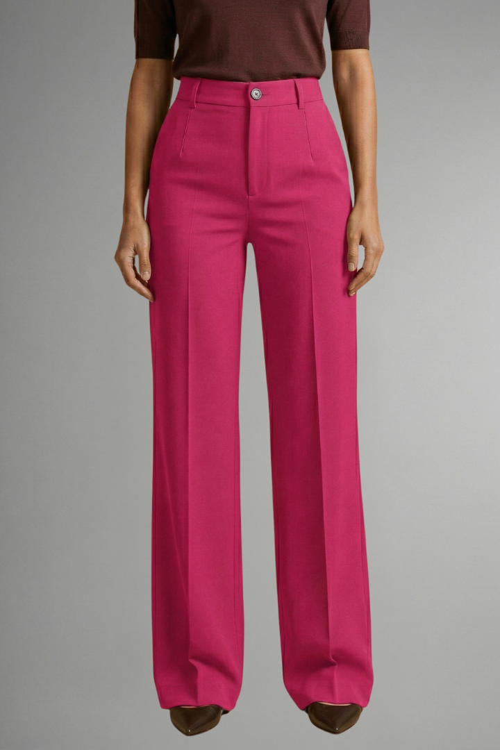 Design raffinato pantaloni donna vita alta, gamba larga, con bottoni. Stile sartoriale per moda ufficio o casual chic.