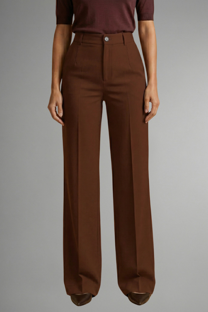 Pantaloni donna eleganti vita alta, gamba larga, bottoni frontali. Perfetti per outfit moda donna autunno/primavera.