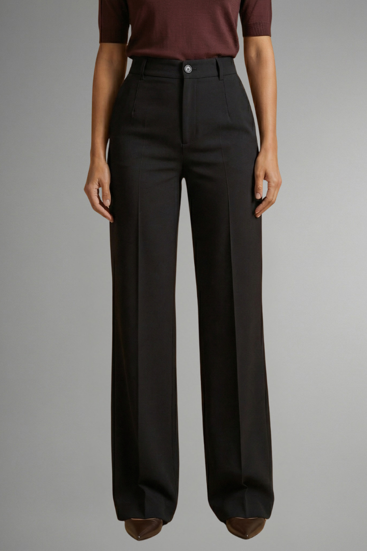 Retro pantaloni donna vita alta, gamba larga. Design elegante per outfit casual o ufficio, moda donna primavera/autunno.