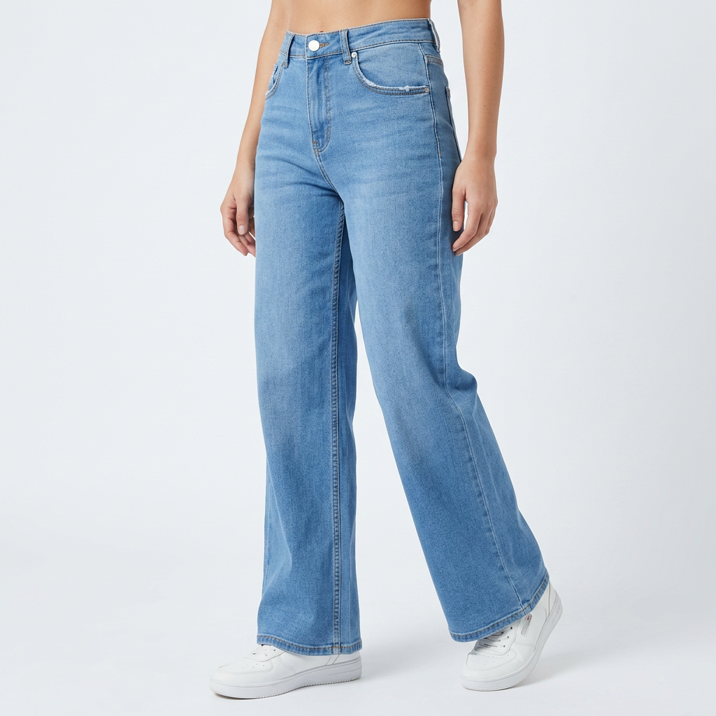 Jeans donna a vita alta e gamba larga, lavaggio chiaro. Modello comodo a cinque tasche, perfetto per un look casual.