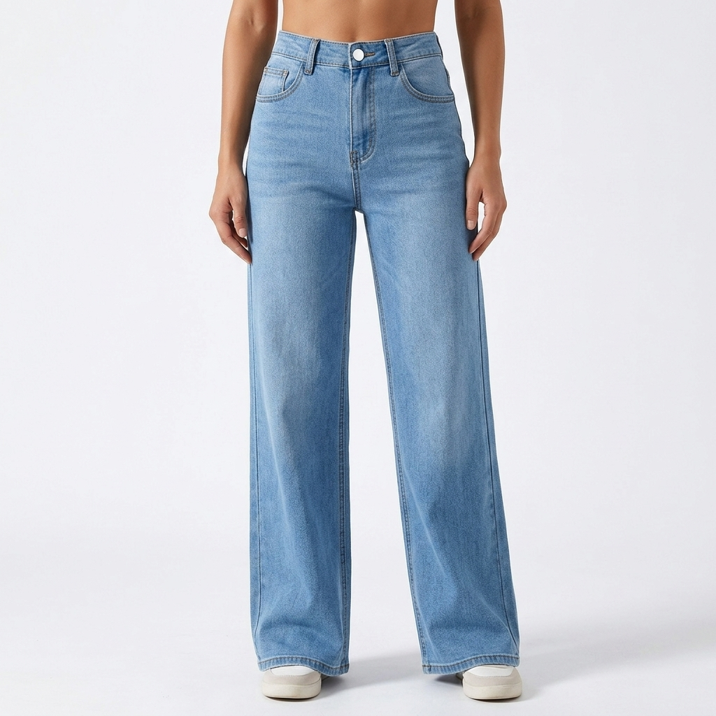 Jeans larghi donna comodi, a vita alta e lavaggio chiaro. Ideali per uno stile rilassato e alla moda, cinque tasche.