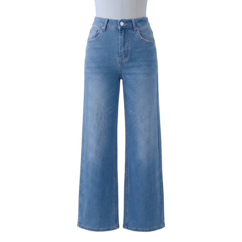 Jeans donna moda a vita alta, gamba larga e lavaggio chiaro. Stile casual e pratico con cinque tasche comode.