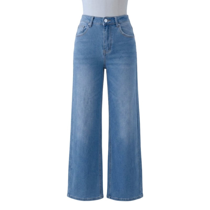 Jeans donna moda a vita alta, gamba larga e lavaggio chiaro. Stile casual e pratico con cinque tasche comode.