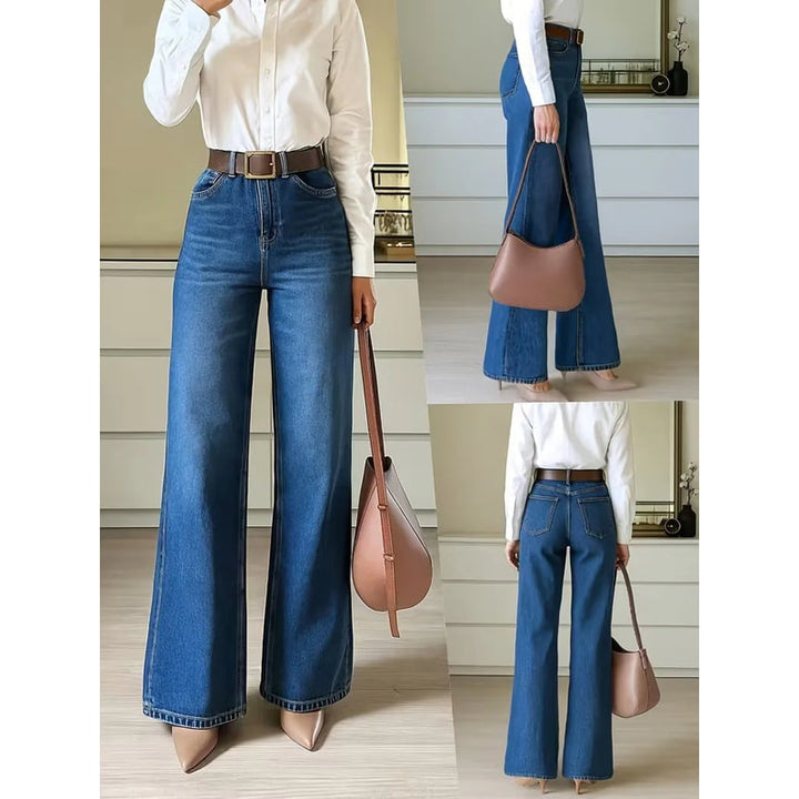 Jeans donna alla moda, vita alta e gamba larga, con pratiche cinque tasche, per ogni occasione.