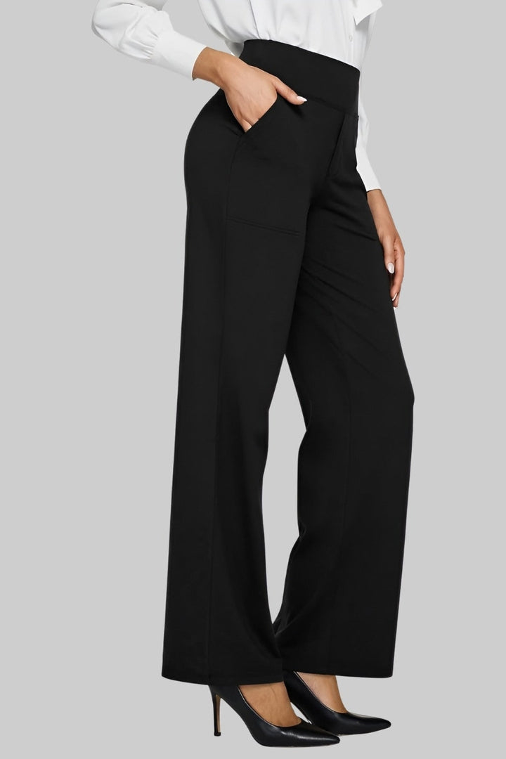 Pantaloni donna confortevoli, taglio a vita alta e gamba larga, per uno stile disinvolto.