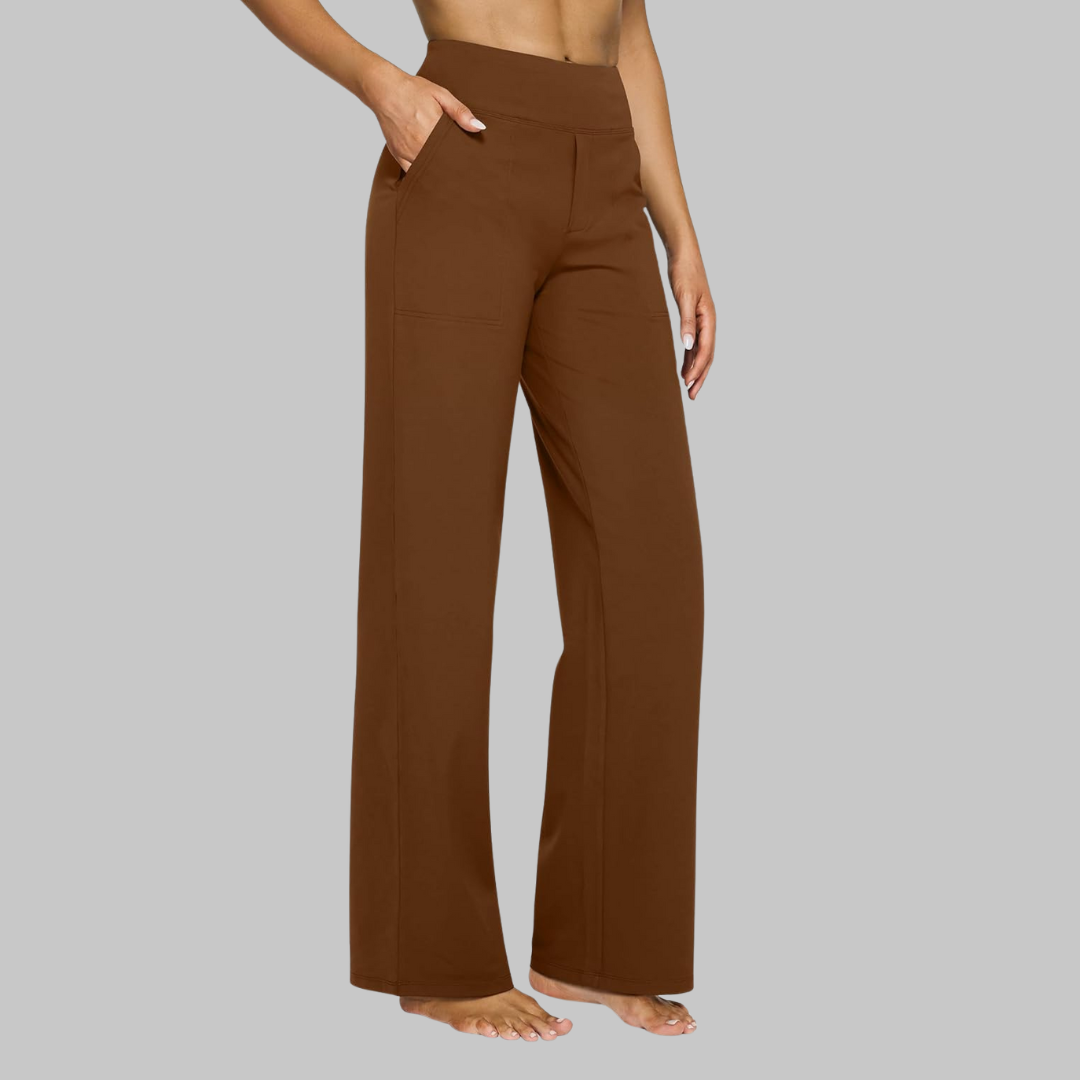 Pantaloni versatile donna, vita alta e gamba larga, ideali per look casual o semi-formali.