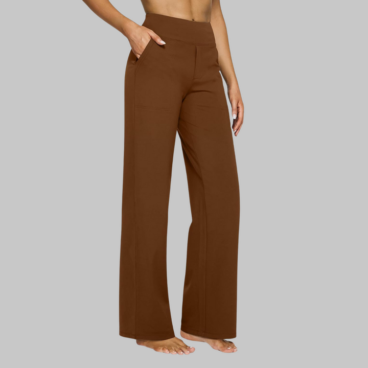 Pantaloni versatile donna, vita alta e gamba larga, ideali per look casual o semi-formali.