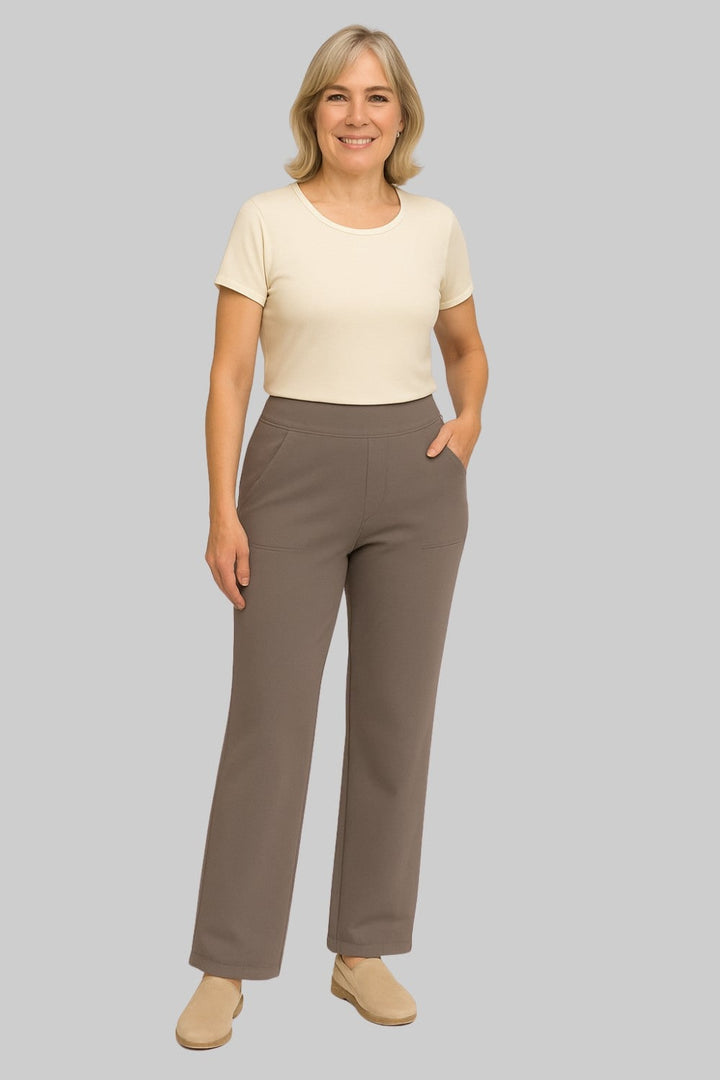 Pantaloni elasticizzati da donna con vita alta e gamba larga, perfetti per il comfort quotidiano.