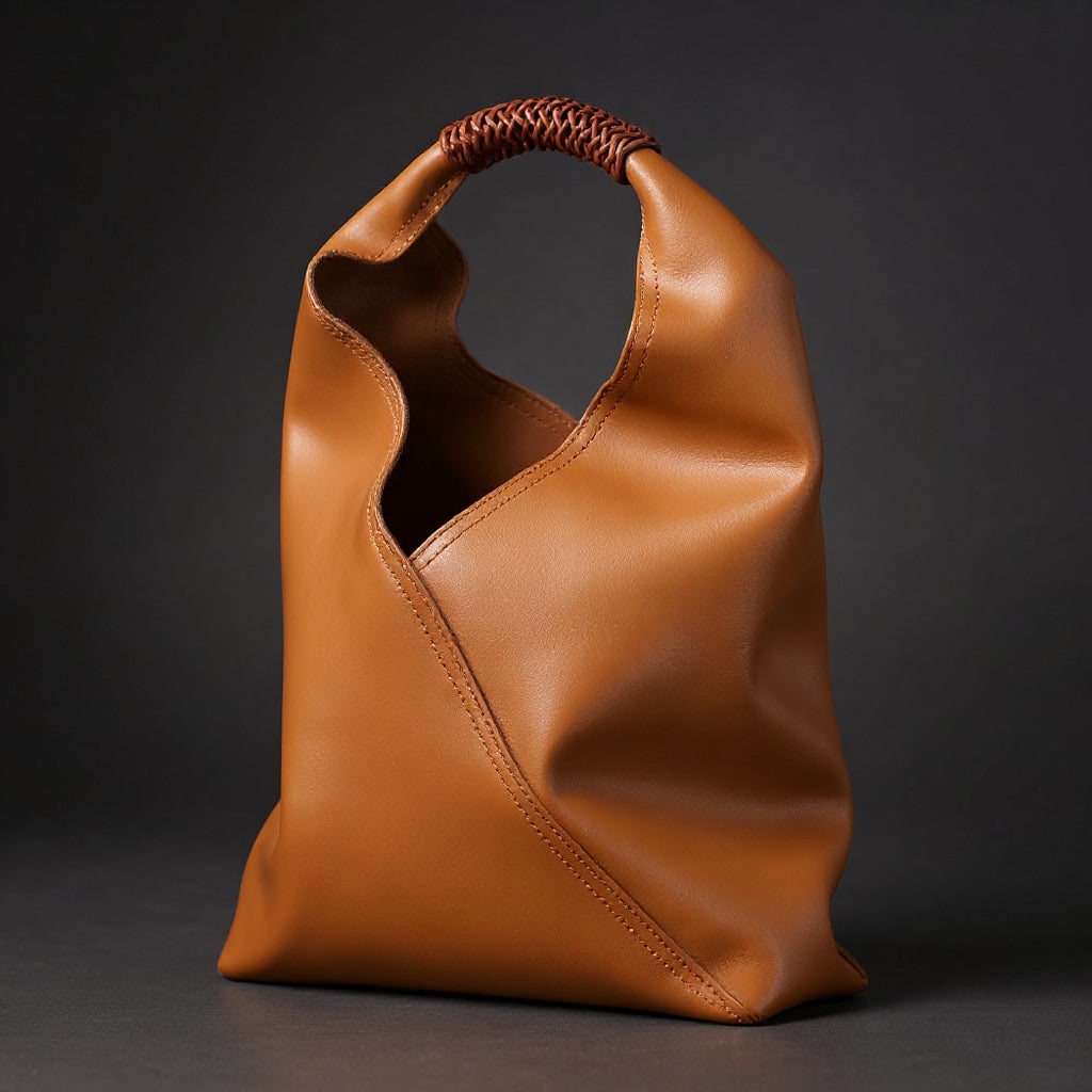 Dettaglio della morbida pelle della borsa hobo da donna, con texture e cuciture del manico intrecciato.
