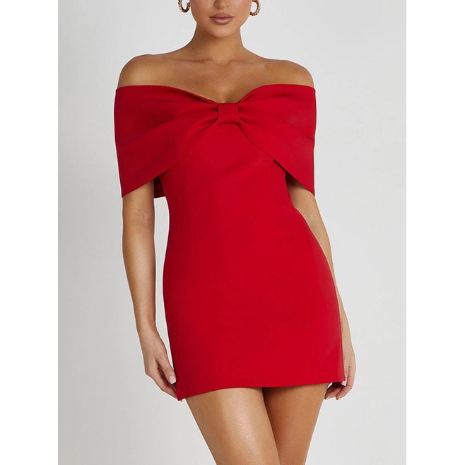 Vestito mini bodycon donna con spalle scoperte e fiocco maxi, perfetto per occasioni speciali e serate eleganti.