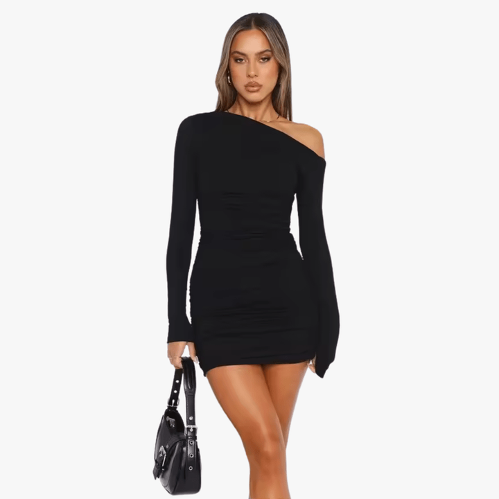 Vestito donna versatile mini bodycon, spalla scoperta, maniche lunghe e increspato. Perfetto per eventi speciali.