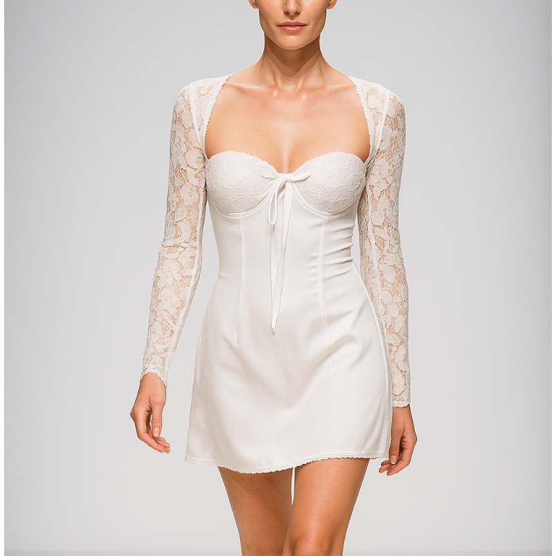 Mini abito con corpetto scollo a cuore, maniche lunghe in pizzo e schiena a corsetto. Ideale per serate eleganti.