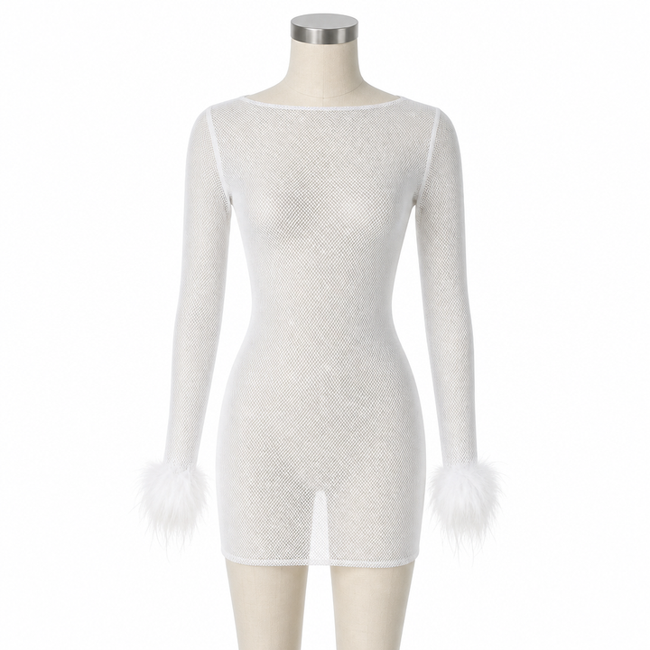 Abito da sera corto donna glamour con piume, maniche lunghe. Ideale per cerimonie, homecoming o eventi.